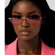 Rimless Sunglasses Octagon Pink Lens Gold Frame Fashion Eyewear Women Female New