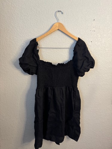 J.Crew Womens Puff-Sleeve Smocked Linen Mini Dress Black Teen Size XL - Afbeelding 5 van 18