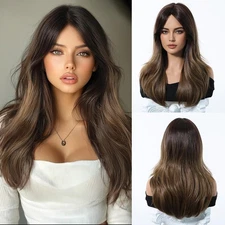 Ombre Dark Brown Wigs with Bangs for Women, Natural Wavy Curly Hair Ladies Gi...
