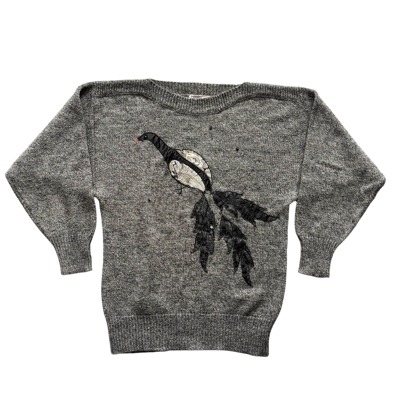 Womens Vintage 80s Jumper Grey Bird Themed Embellished Retro Indie Boho 12 image 2