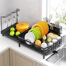 Expandable Dish Drying Rack for Kitchen Counter, Large Extendable Dish Rack w...