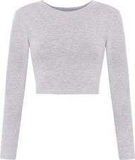 New Womens Crop Basic Long Sleeve T Shirt Ladies Short Plain Round Neck Top 8-14