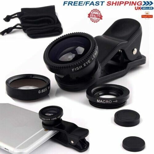 3 in 1 Universal Fisheye Wide Angle Macro Clip Lens Kit For Samsung iPhone iPad - Picture 1 of 11