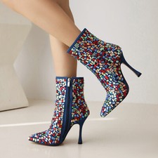 Ladies Chic Ankle Boots Rhinestone Side Zipper Party Boots High Heels Pointy Toe