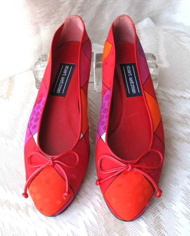 STUART WEITZMAN SILK/RED LEATHER BOWED VINTAGE FLATS, Sz. 9 M