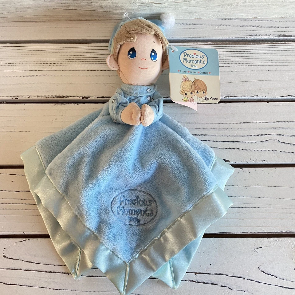 Manta de seguridad vintage Precious Moments Lovey Personaje Lovie Boy satinado oración Foto 3 de 4