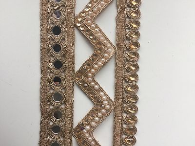 ATTRAKTIVE INDISCHE ROSEGOLD SPIEGEL MIT PERLEN KRISTALLEN BESATZ/SPITZE - METERWARE
