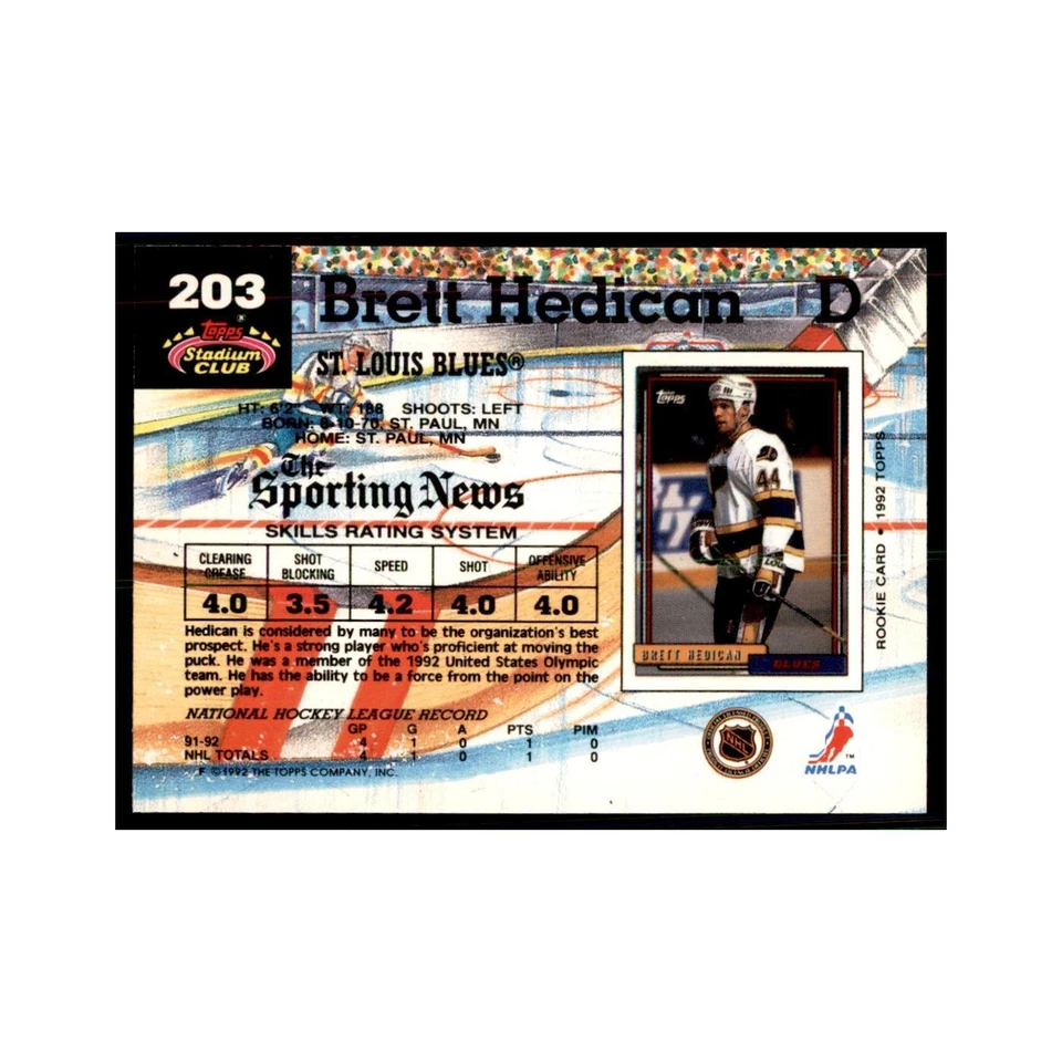 1992 Stadium Club Brett Hedican Hockey Cards #203 - Image 2 of 3