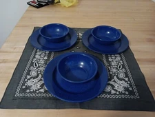 Set of 3 Blue Speckled Metal Plates, bowls Vintage good condition