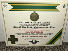SPANISH WAR SERVICE COMMEMORATIVE MEDAL CERTIFICATE ~ W/PRINTING TYPE-1