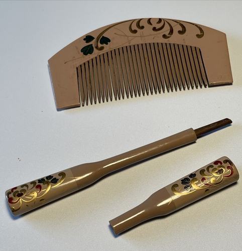 Set di spille per capelli vintage giapponesi Raden Pettine e Kogai in rilievo dorato con rosso + verde - Foto 8 di 13