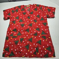 Shana Scrubs Womens Sm Christmas Trees Mock Wrap Ties Pit To Pit 21in Red Green