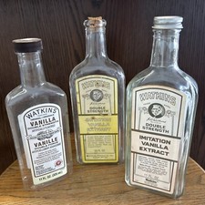 2 VTG 11 0Z WATKINS VANILLA EXTRACT BOTTLES  PLUS ONE PLASTIC, METAL, CORK CAPS