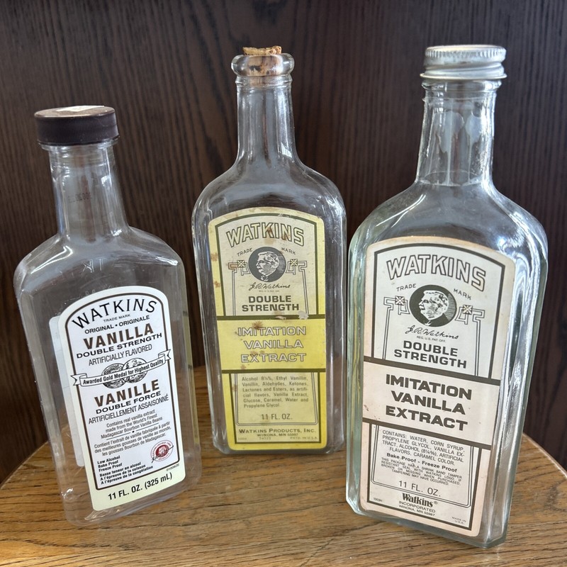 2 VTG 11 0Z WATKINS VANILLA EXTRACT BOTTLES  PLUS ONE PLASTIC, METAL, CORK CAPS