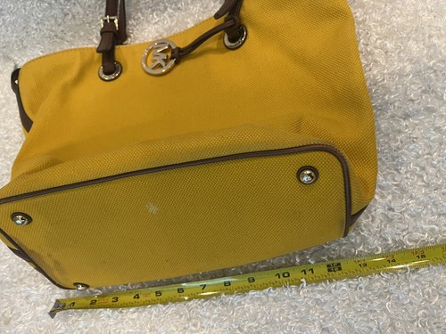 Michael Kors Leather Canvas Saffiano Tote Gold Tone Shoulder Handbag Yellow - Picture 6 of 12