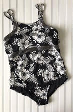 Cole Of California One Piece Swimsuit Womens Size 12 Floral Black Silver Modest