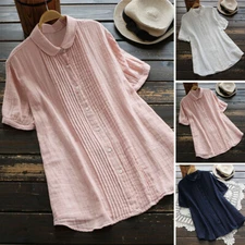 UK Women Summer Peter Pan Collar Short Sleeve Casual Loose Tops Tee Shirt Blouse