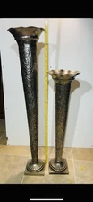 Pair Vintage Grapevine Repousse Trumpet Floor Vases 32” & 24” Silverplate
