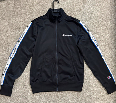 Champion Men's Black Full-Zip Track Jacket Logo Tape Sleeves Pockets Size S