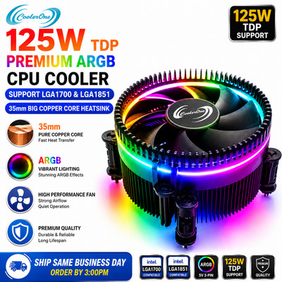 CoolerOne 125W TDP Premium ARGB LGA1851 CPU Cooler 35mm Big Copper Core Heatsink