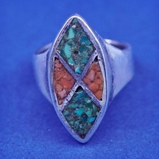 Size 4, Native American sterling silver handmade ring, 925 band turquoise coral