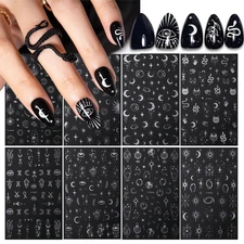 8 Sheets Metallic Nail Art Stickers Decals Silver Moon Star Sun