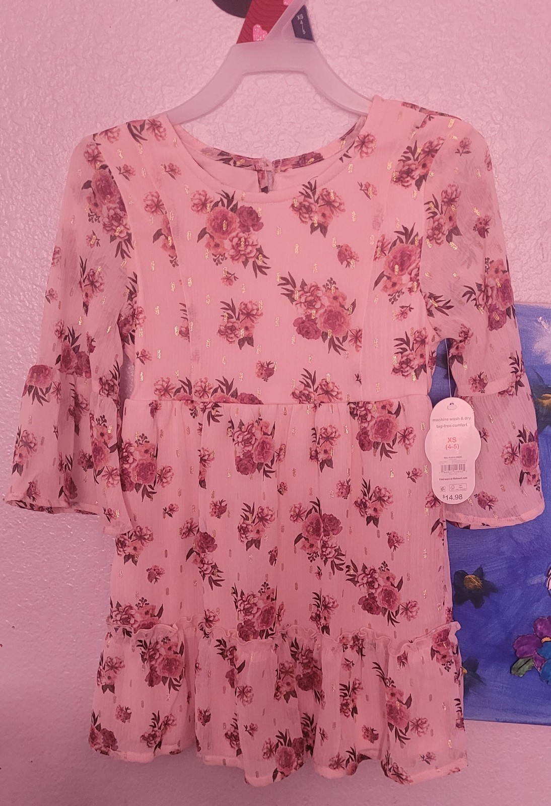 Cat & Jack Girls XS (4-5) Pink Floral Fit & Flare Dress Long Sleeve Ruffle