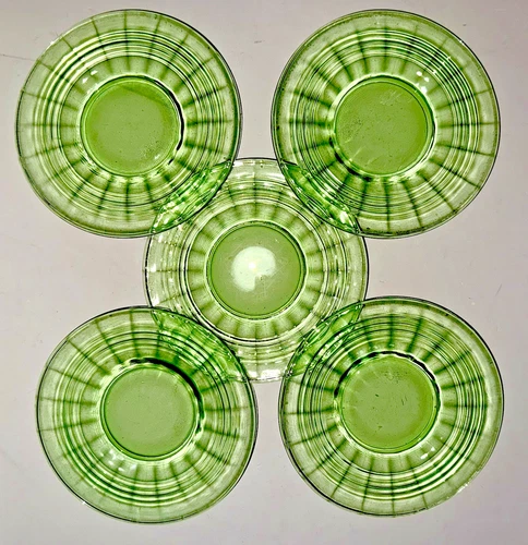 5 Uranium Green Glass 6 1/4" Bread Plates / Saucers Block Optic Anchor Hocking