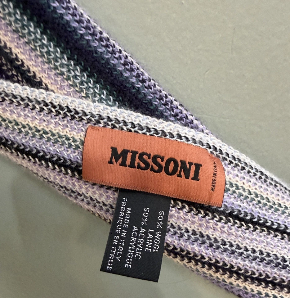 Missoni Made in Italy Blue & Purple Striped Knit Wool Blend Scarf with Fringe - Image 2 of 4