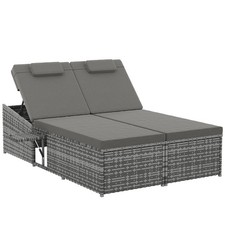 2-Seater Rattan Day Bed with Adjustable Backrests & Trays – Grey