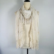 VTG Sheer Embroidered Shawl Scarf Wrap Tassel Fringe Boho Bridal Evening 84X2"