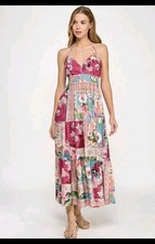 NWT Katia Rae Cream Multi Floral Patchwork Maxi Dress XL Boho Halter Sundress
