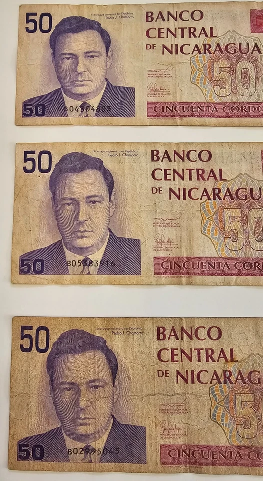 Set of 3 NICARAGUA 50 Cordobas 1990 (1991), Banknote, Prefix B, 2 signature. - Image 3 of 4