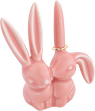 Decorative Ceramic Bunny Rabbit Figurine, Pink Ring Holder