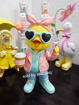 Spring Easter Yellow Chick Holding Coffee Cup & Cell Phone Figurine Decor 10''