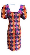 Geometric Multicolor Puff Sleeve Mini Dress with Ruffle Accents, Square Neck