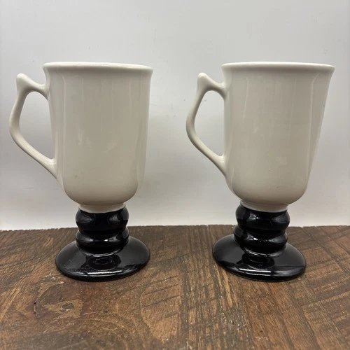 2 Vintage Hall China 1273 White and Black Irish Coffee Pedestal Mug Footed USA
