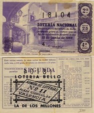 Jahr 1962. 25 Peseten Zehntel Teil der Banknote. 15. Juni. Verlosung 17. 4. S...