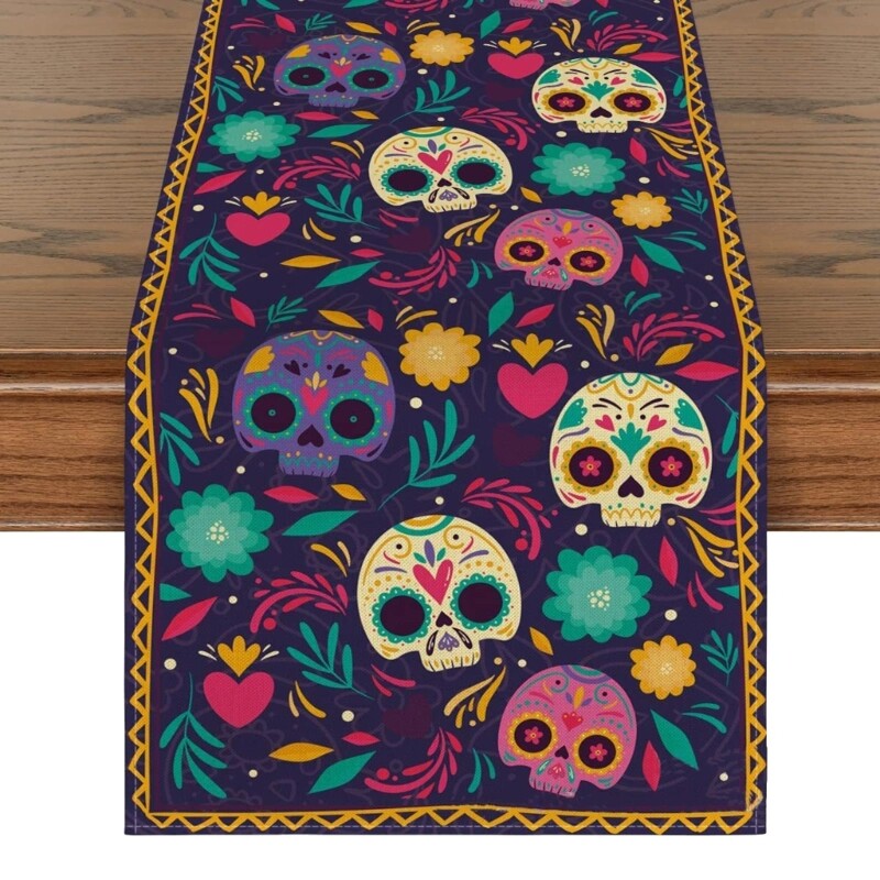 Halloween Skull Table Runner Linen Mexico Kitchen Table Runners