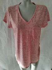 Toad & Co Red Variegated V Neck Women's Linen Blend Top T Shirt Pocket Size L
