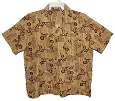 Sz L Roundy Bay Hawaiian Aloha Shirt Tropical Floral Tribal Tan & Brown Poly