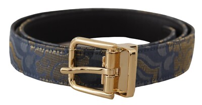 DOLCE & GABBANA Belt Navy Blue Jacquard Gold Tone Logo Metal  display picture 3