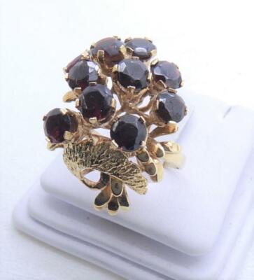 14K Yellow Gold Garnet Unique Large Cluster Cocktail Ring