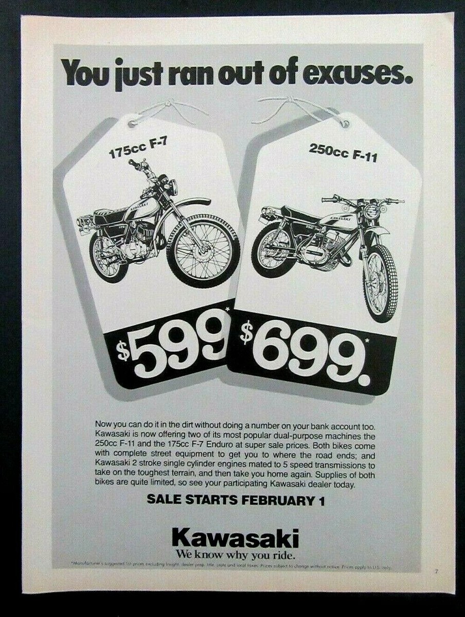 1977 KAWASAKI 250cc F-11 & 175cc F-7 Enduro Motorcycles Magazine