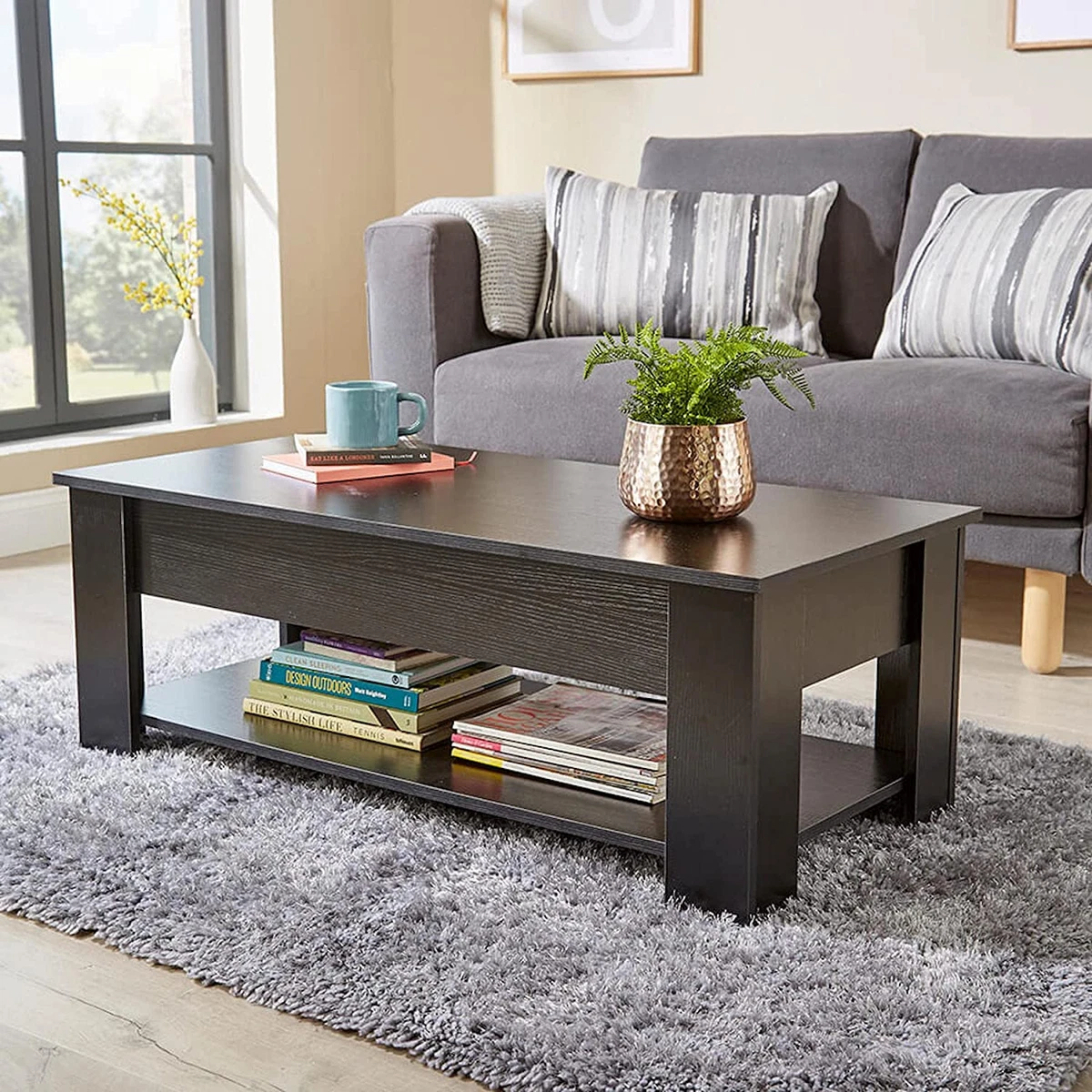 Coffee Table with Lift up Top Storage Area and Magazine Shelf Black Wooden