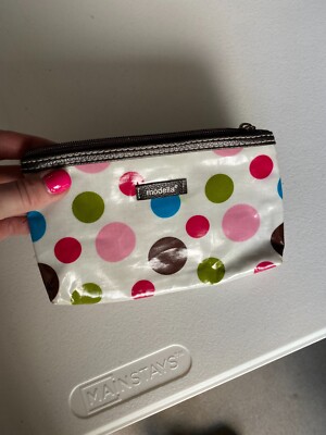 NEW Modella White Pink Brown Green Turquoise Polkadot Purse Makeup Bag Cosmetic 