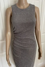 NWOT Macy’s Vince Camuto 8 Metallic Silver Gray Ruche Asymmetrical Bodycon Dress