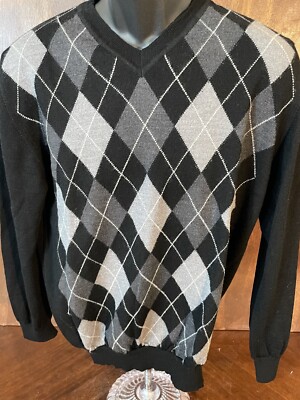 Marco Fiori Mens Sweater Size Large Gray 100% Merino Wool Argyle Diamond  V-Neck