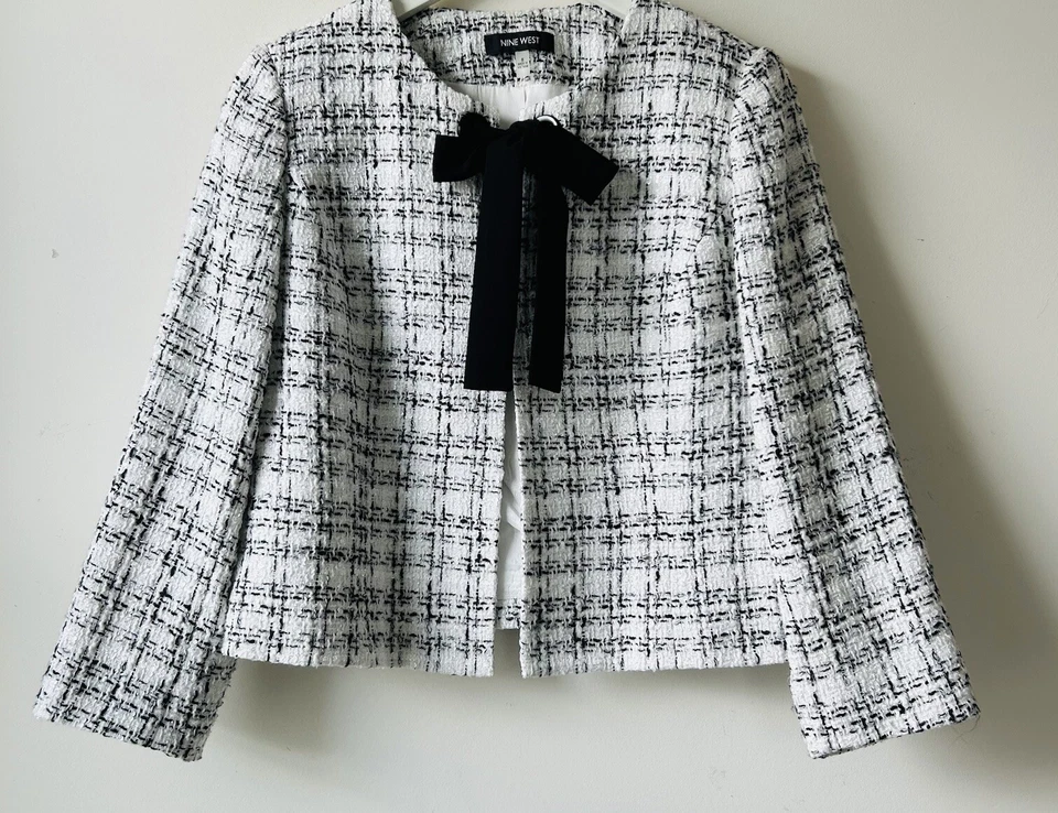 NINE WEST Cropped Black & White Plaid Open Front Blazer Tweed Jacket Sz 8 Career - Image 2 of 4