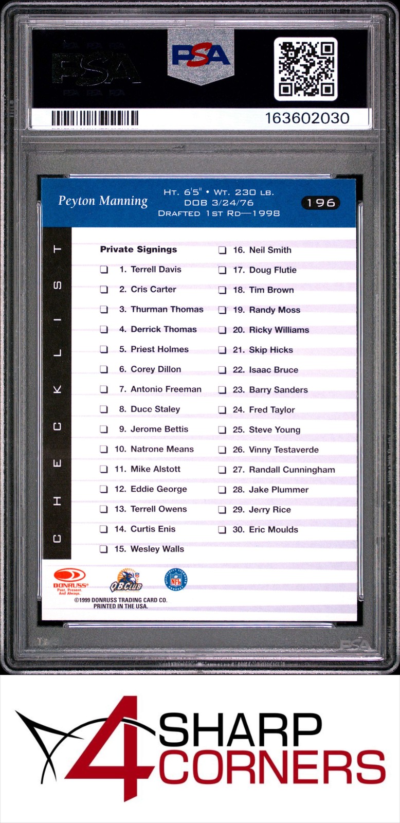 1999 DONRUSS #196 PEYTON MANNING HOF POP 4 PSA 9 view 2